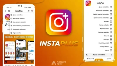InstaPlus APK - Captura de pantalla de la interfaz y logo oficial sobre fondo degradado